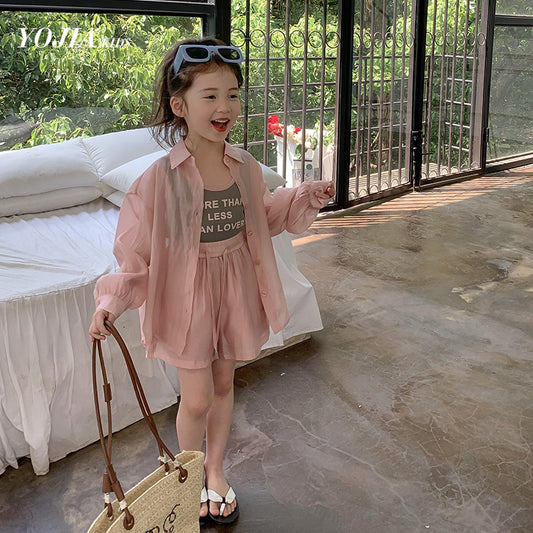 Breathable three piece set full sleeve shirt + vest + short dress girls