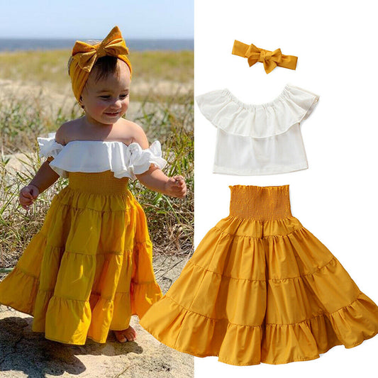 Off shoulder ruffle top shirt elastic waist + hair Band dress 3 piece dress for girls