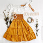 Off shoulder ruffle top shirt elastic waist + hair Band dress 3 piece dress for girls