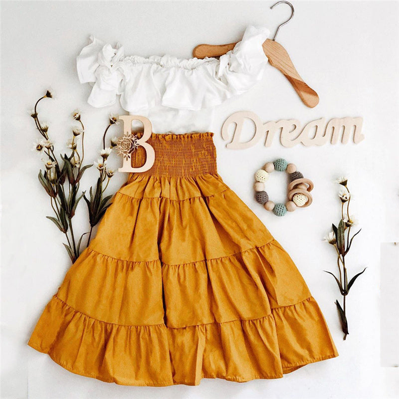 Off shoulder ruffle top shirt elastic waist + hair Band dress 3 piece dress for girls