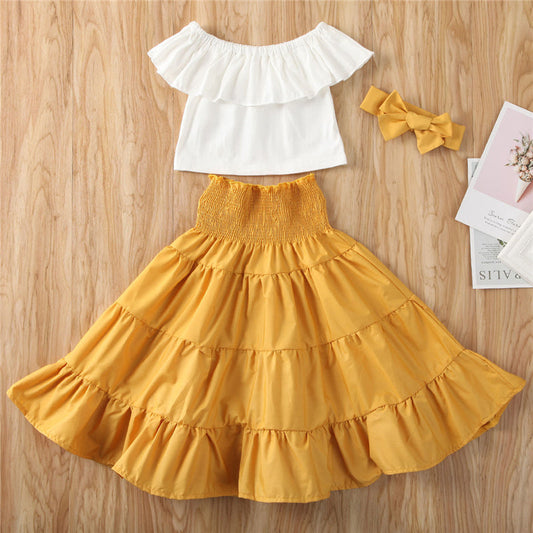 Off shoulder ruffle top shirt elastic waist + hair Band dress 3 piece dress for girls