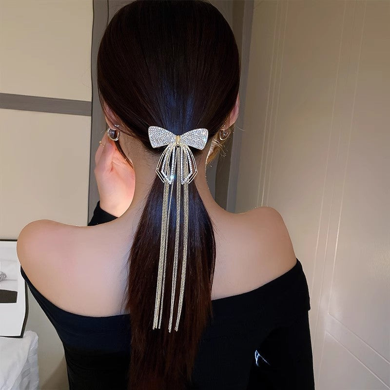 Diamond bow rhinestone tassel hairl clip for girls
