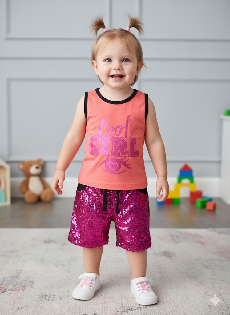 Cool Girl Printed Sleeveless Shirt with Sequins Shorts Summer Dress for Girls