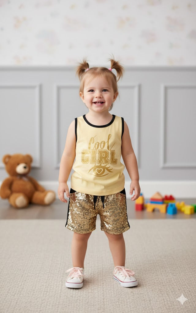 Cool Girl Printed Sleeveless Shirt with Sequins Shorts Summer Dress for Girls