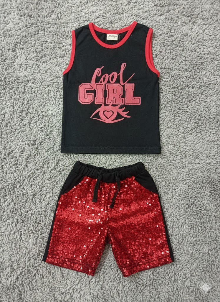 Cool Girl Printed Sleeveless Shirt with Sequins Shorts Summer Dress for Girls