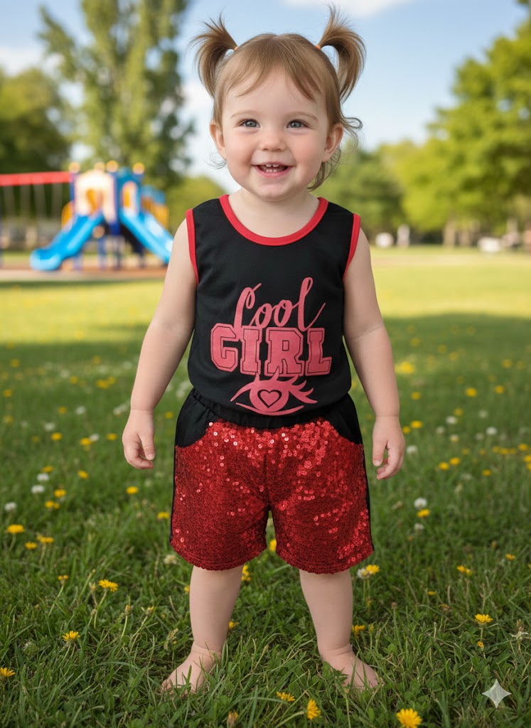 Cool Girl Printed Sleeveless Shirt with Sequins Shorts Summer Dress for Girls