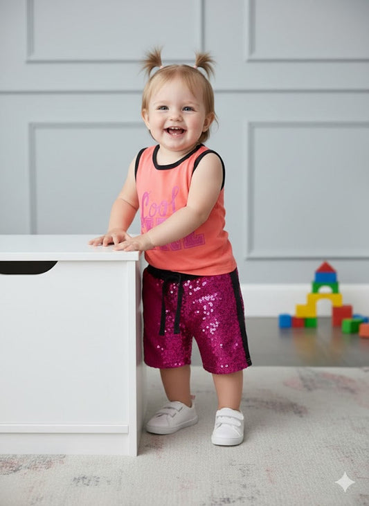 Cool Girl Printed Sleeveless Shirt with Sequins Shorts Summer Dress for Girls