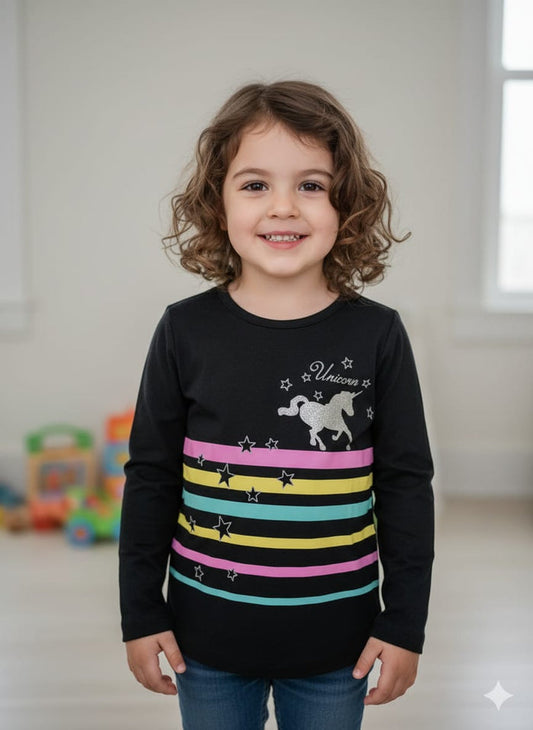 GIRL?S BLACK SHIRT FULL SLEEVES UNICORN PRINT
