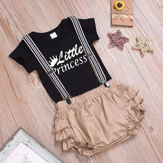 Little princes print shirt with short + gallace 3 pcs dress for girls