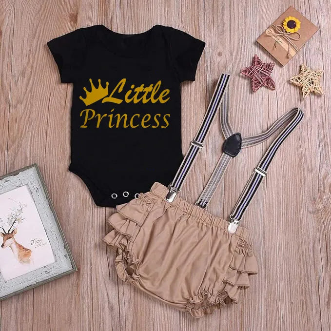 Little princes print shirt with short + gallace 3 pcs dress for girls