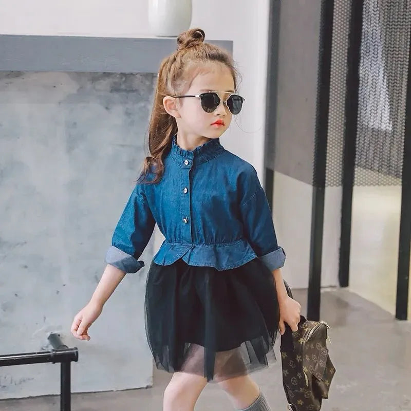 Western style denim Full shirt with skirt mesh net for girls