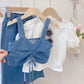 3 Pcs Formal Looks Cotton shirt With Denim suspenders adjustable and soft jeans pant