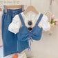 Cotton shirt + denim suspenders with adjustable and soft jeans pant 3 pcs dress for girls