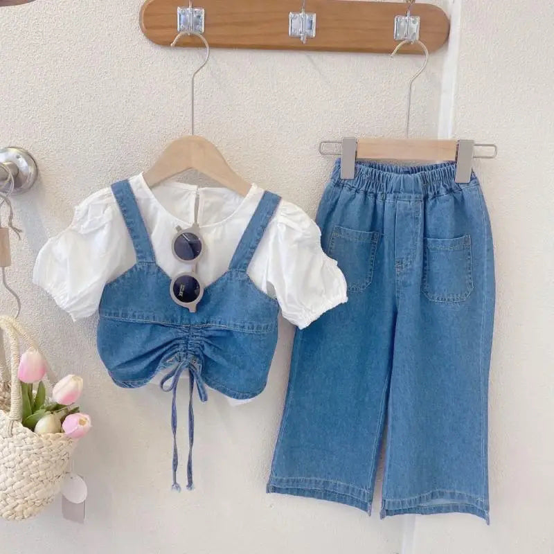 3 Pcs Formal Looks Cotton shirt With Denim suspenders adjustable and soft jeans pant