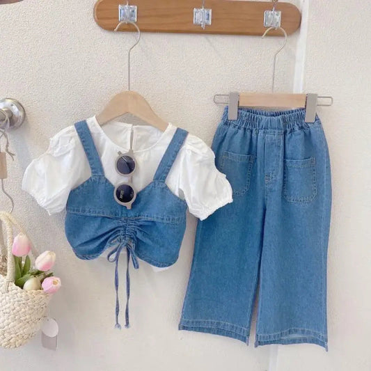 Cotton shirt + denim suspenders with adjustable and soft jeans pant 3 pcs dress for girls