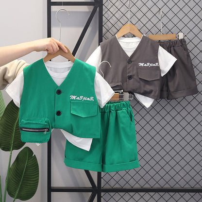 kids clothing vest with shirt and short fake 3 piece dress for girls and boys