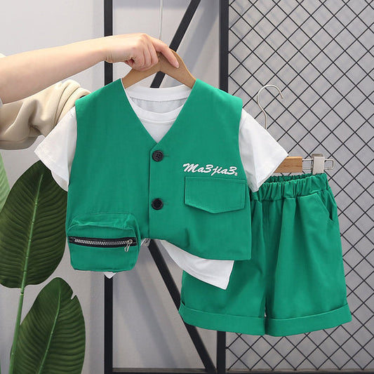 kids clothing vest with shirt and short fake 3 piece dress for girls and boys