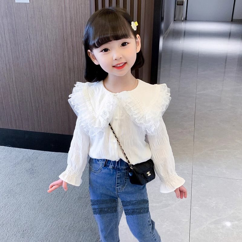 Baby girl cute big lapel lace long sleeves top with jeans spring dress for girls