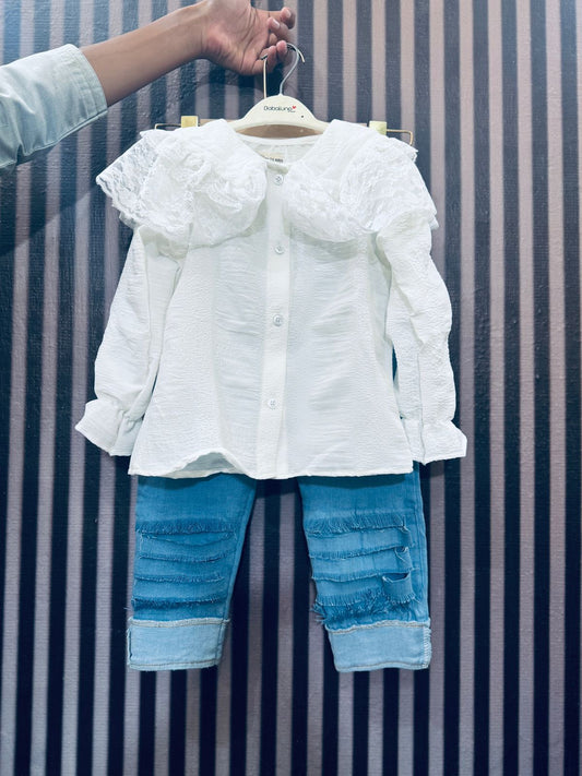 Baby girl cute big lapel lace long sleeves top with jeans spring dress for girls