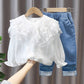 Baby girl cute big lapel lace long sleeves top with jeans spring dress for girls