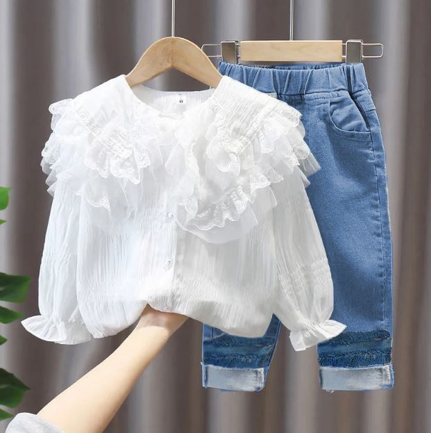 Baby girl cute big lapel lace long sleeves top with jeans spring dress for girls