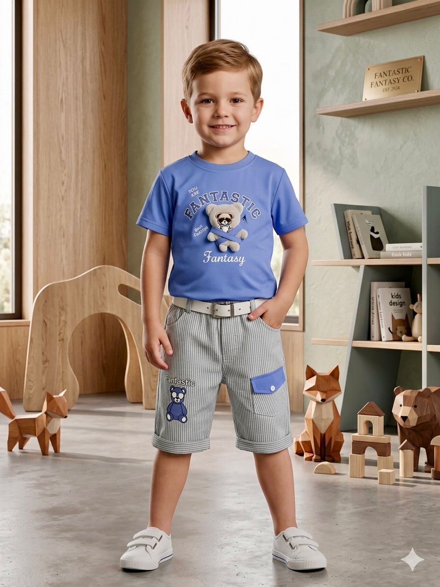Boys summer casual dress printed shirt + short with belt