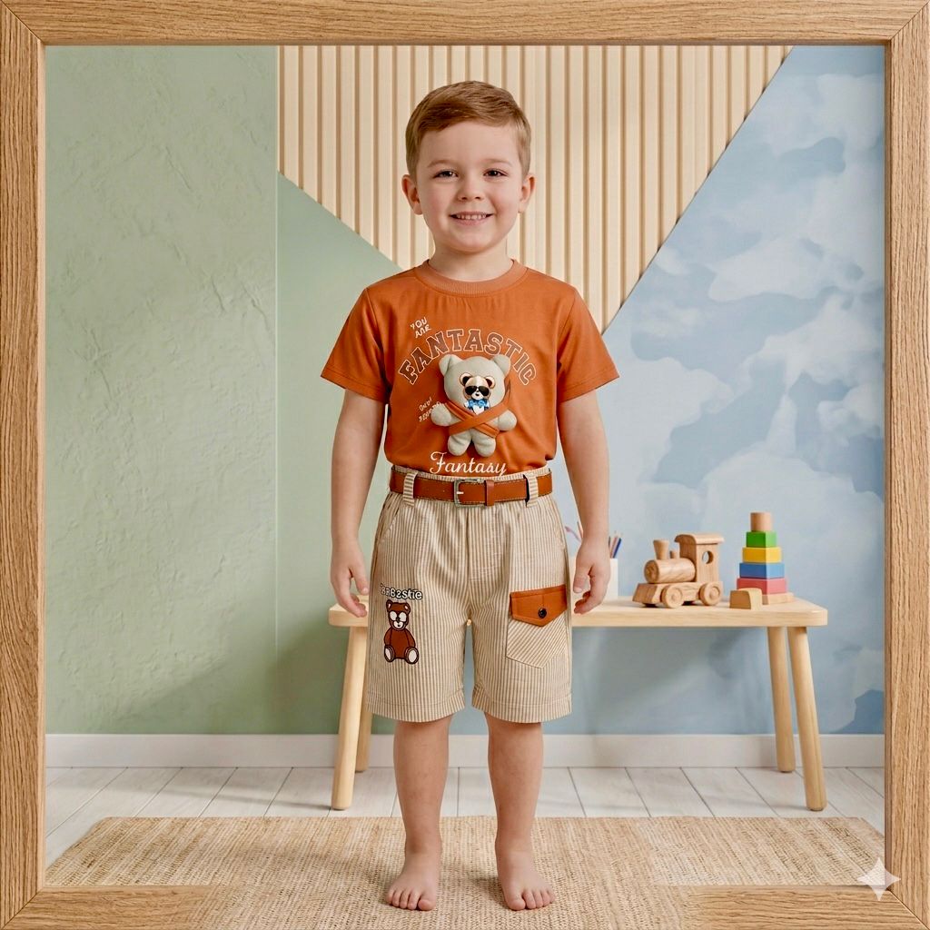 Boys summer casual dress printed shirt + short with belt
