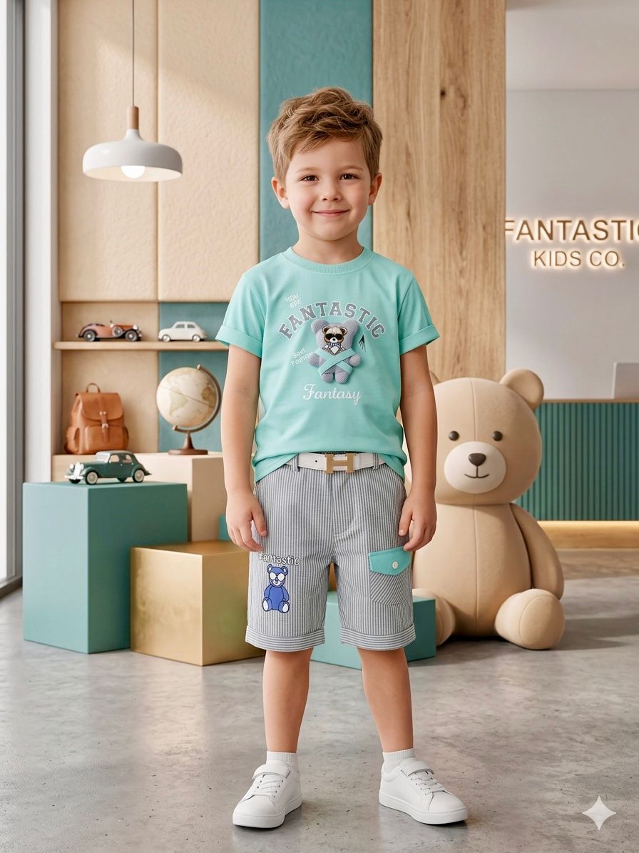 Boys summer casual dress printed shirt + short with belt