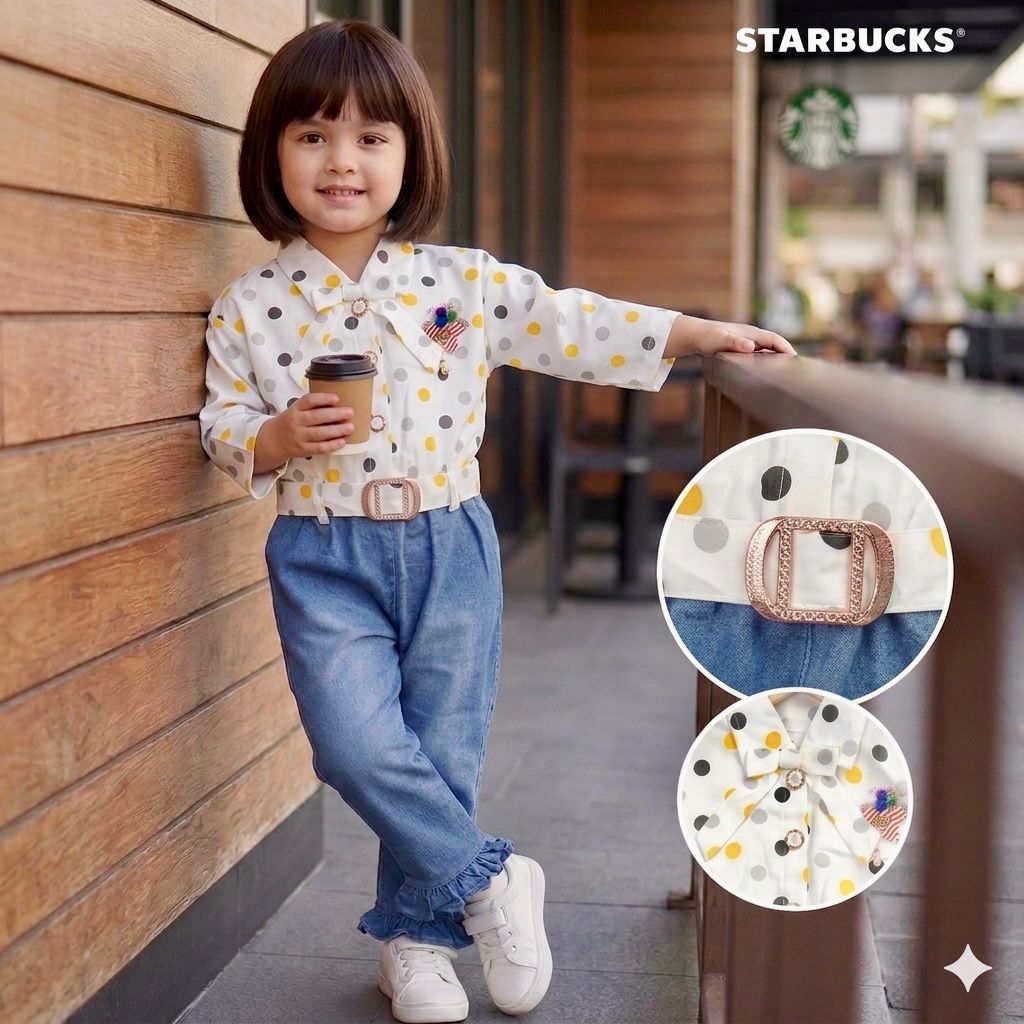 Polka dot printed look shirt and jeans Romper for girls