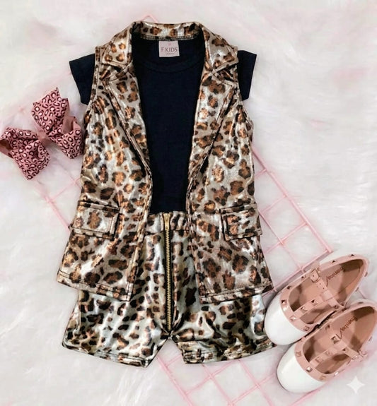 Leopard printed sleeveless waist+short with shirt 3 piece dress for girls and boys