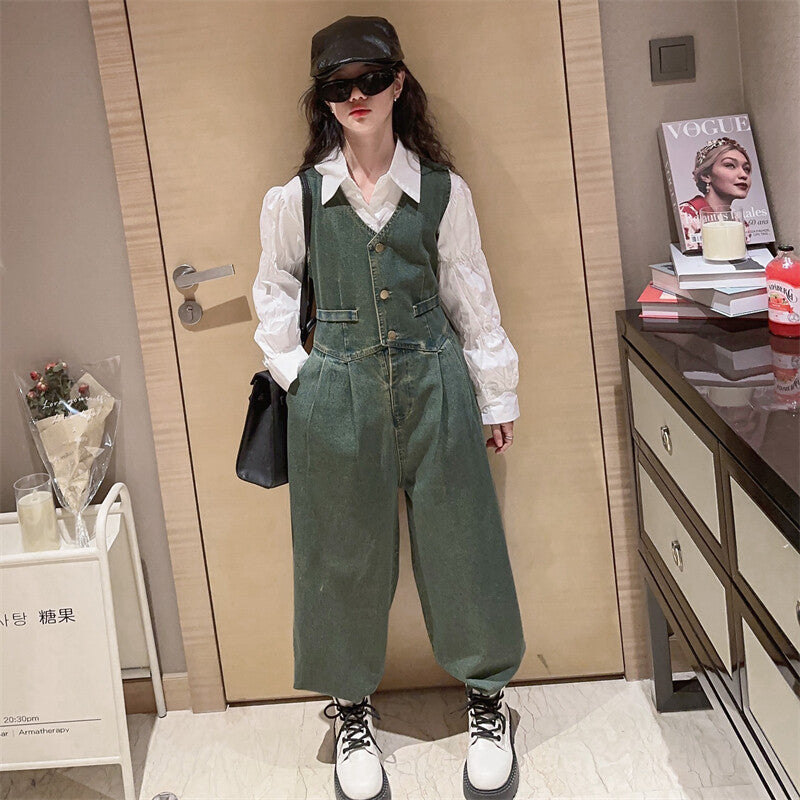 French girls' jeans outfit for kids Denim Vest + Pent + white cotton blouse puff sleeve shirt 3 pcs. set of clothes for adolescent girlS