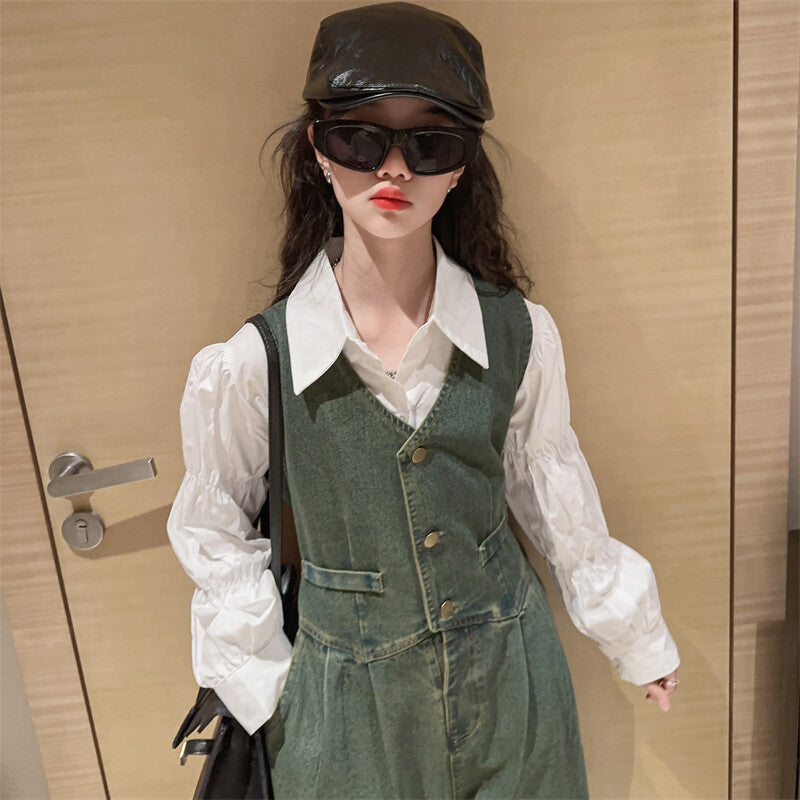 French girls' jeans outfit for kids Denim Vest + Pent + white cotton blouse puff sleeve shirt 3 pcs. set of clothes for adolescent girlS