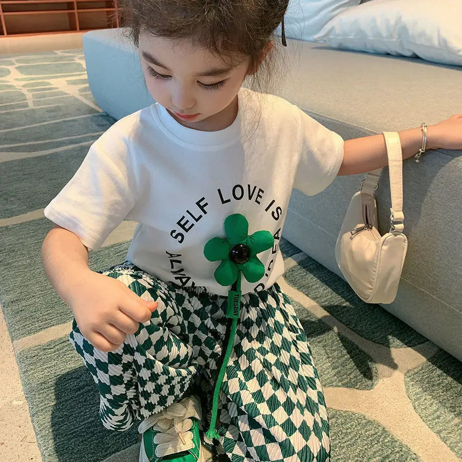 Kids clothing flower round full sleeve shirt + thin mosquito trouser for girls