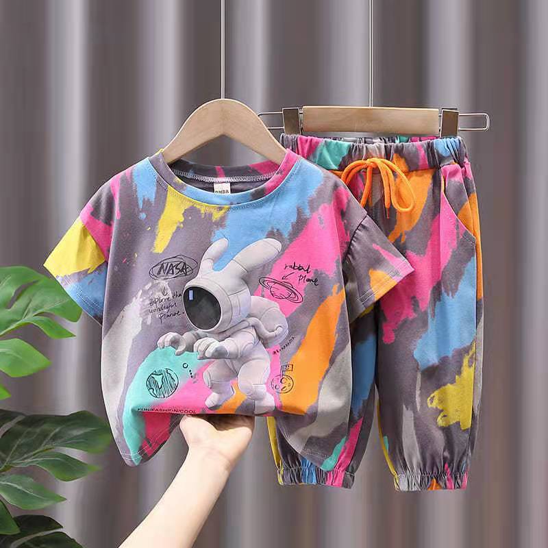 kids clothing astronaut rabbit print top and pant 2 piece dress for girls and boys