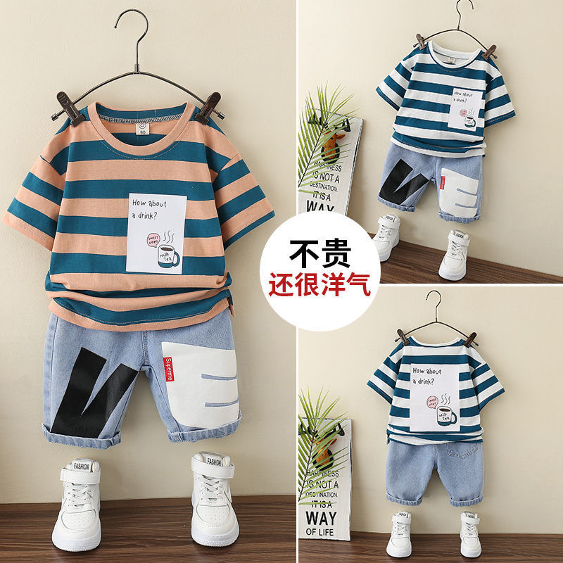 Baby clothing half sleeve shirt with jeans short 2 piece set for boys
