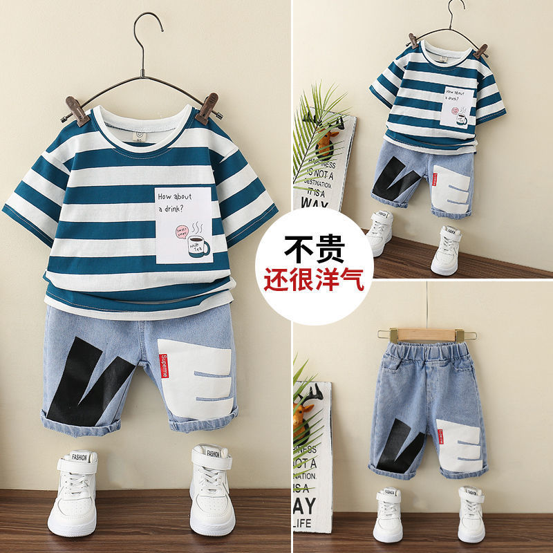 Baby clothing half sleeve shirt with jeans short 2 piece set for boys