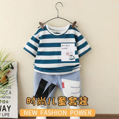 Baby clothing half sleeve shirt with jeans short 2 piece set for boys