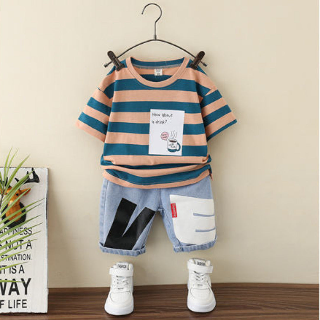 Baby clothing half sleeve shirt with jeans short 2 piece set for boys