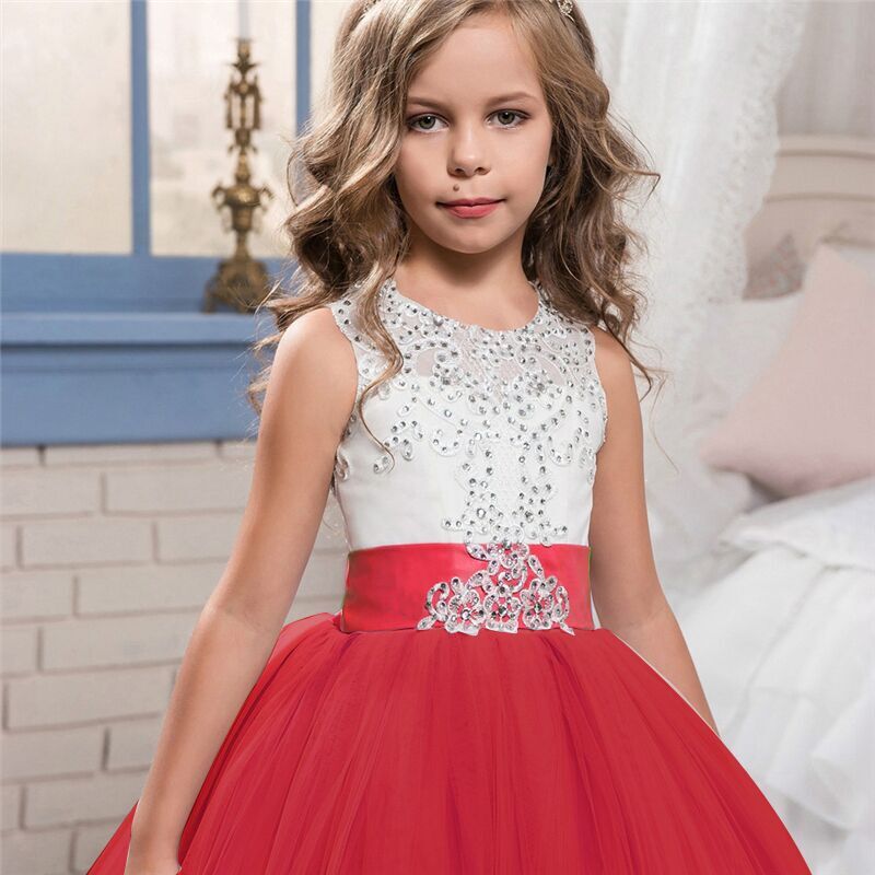 Kids wear Pakistan elegant party long tail sleeveless frock for girls
