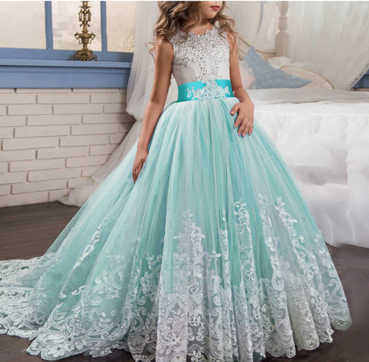 Kids wear Pakistan elegant party long tail sleeveless frock for girls