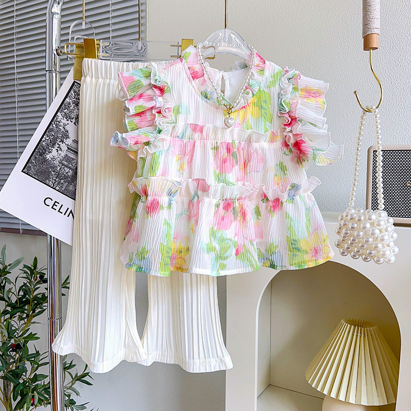 Kids fashion girls flower sleeveless shirt and pant dress for girls