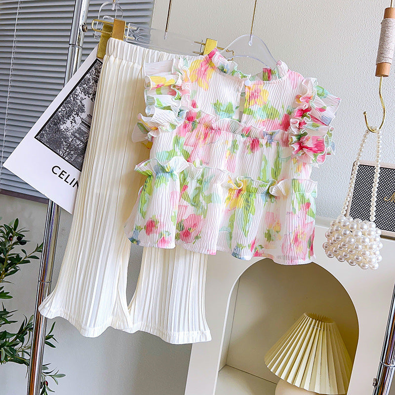 Kids fashion girls flower sleeveless shirt and pant dress for girls