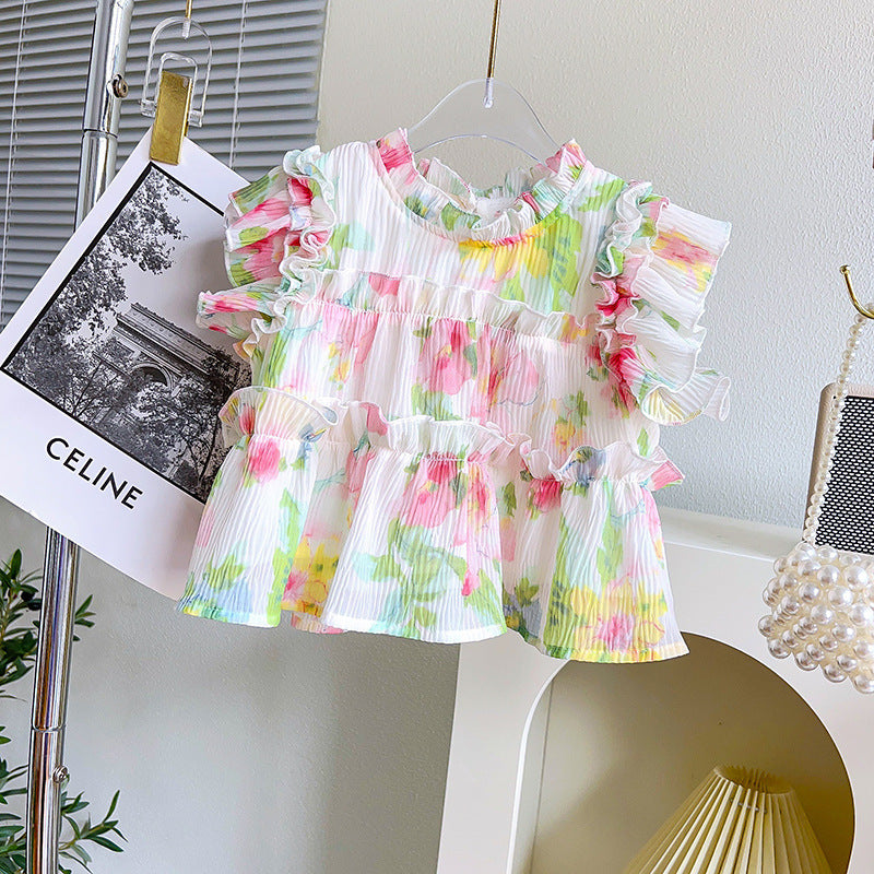 Kids fashion girls flower sleeveless shirt and pant dress for girls