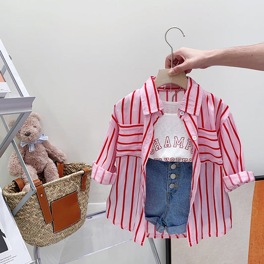 Baby products online striped shirt+tank top with denim short 3 piece dress for girls
