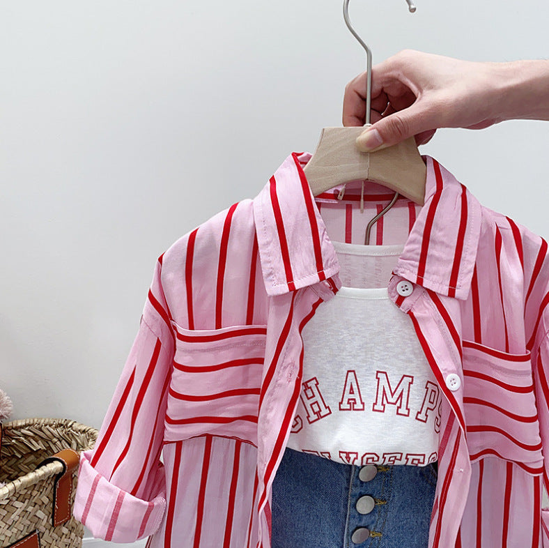 Baby products online striped shirt+tank top with denim short 3 piece dress for girls
