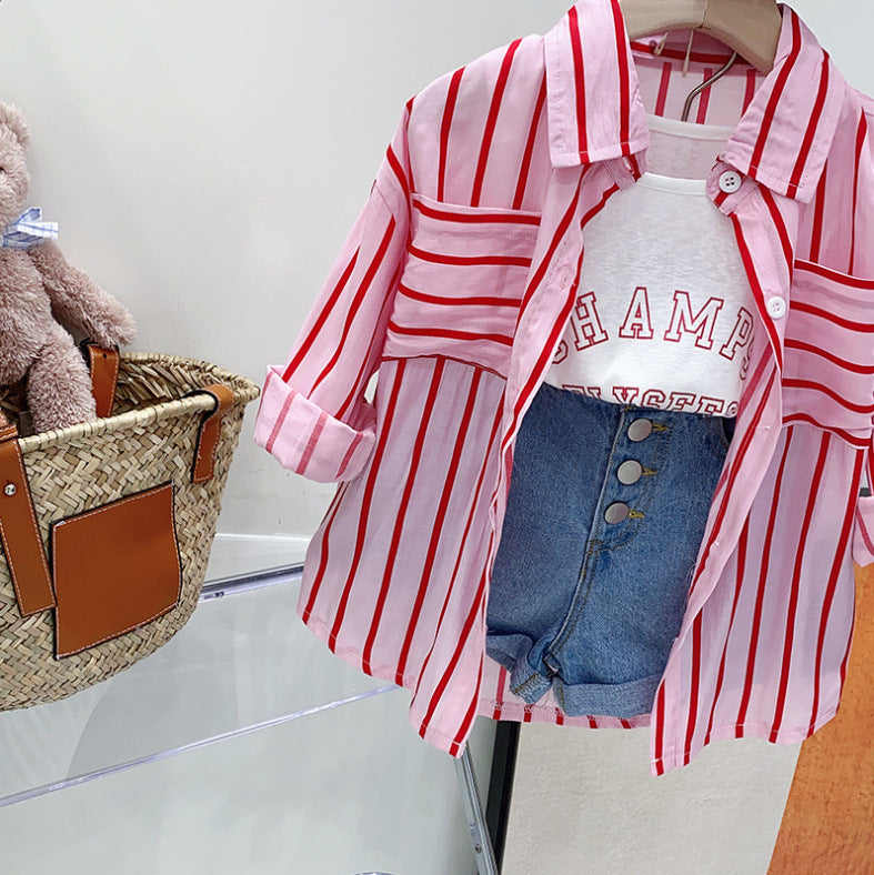 Baby products online striped shirt+tank top with denim short 3 piece dress for girls