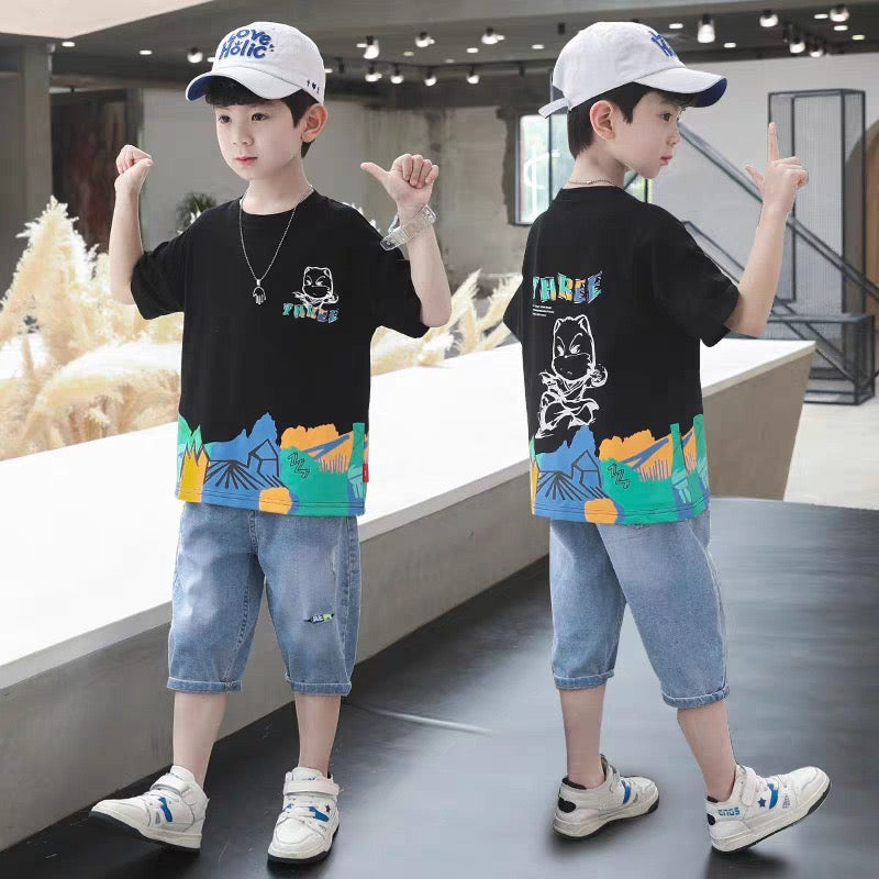 4638 Boys clothes printed shirt and denim jeans short dress for boys