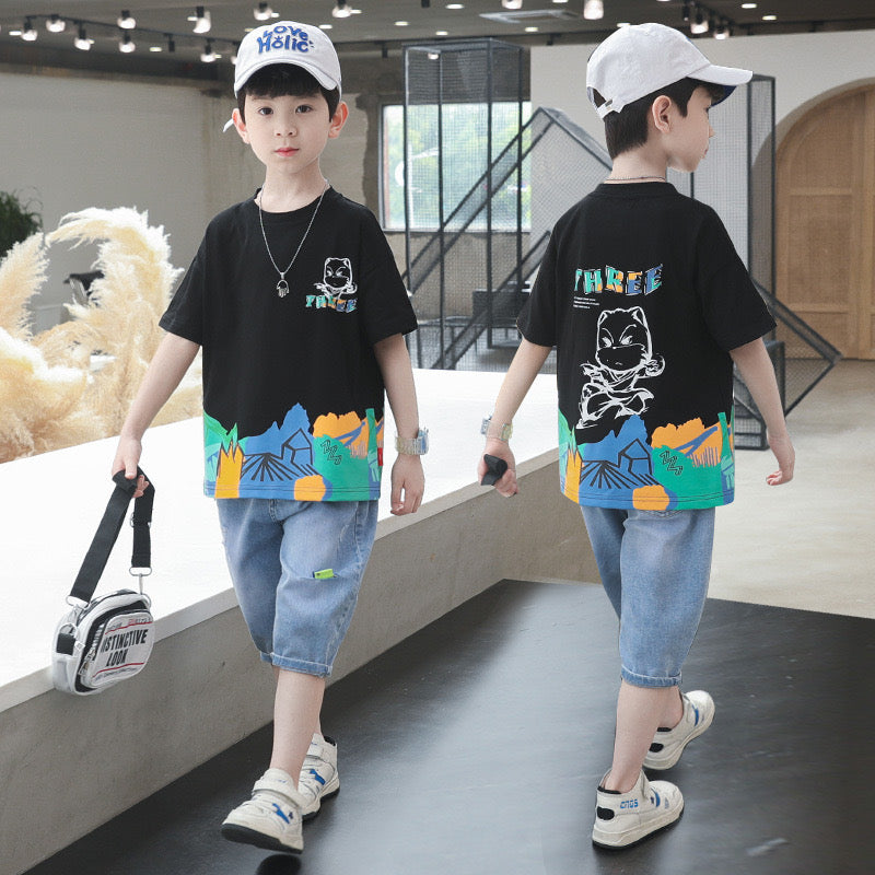 4638 Boys clothes printed shirt and denim jeans short dress for boys