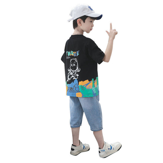 4638 Boys clothes printed shirt and denim jeans short dress for boys