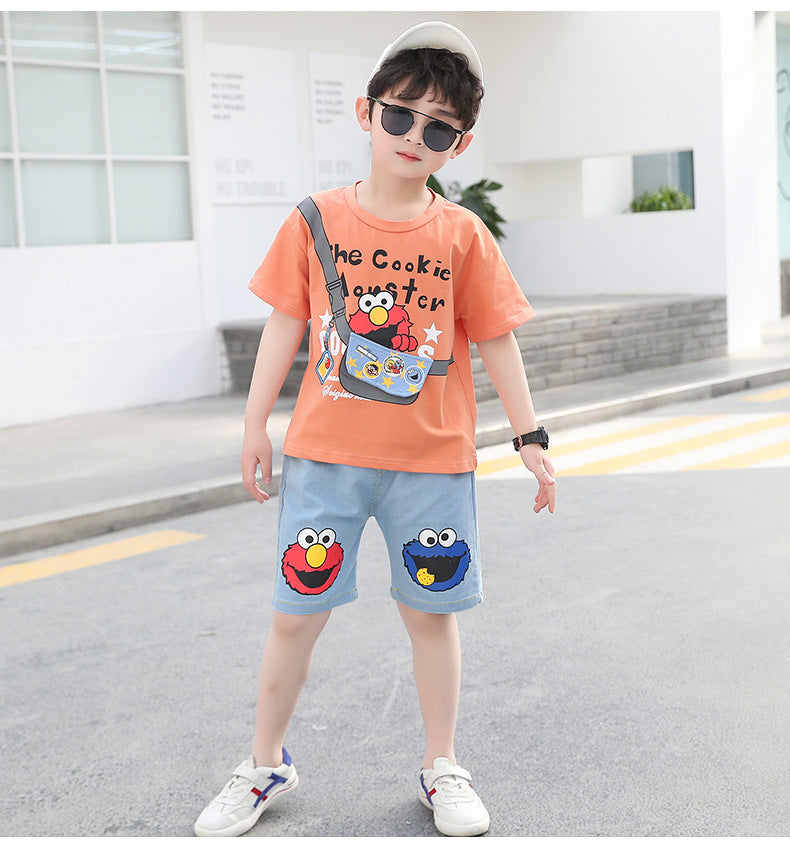 Boys clothes Pakistan cartoon print t-shirt + denim short dress for boys